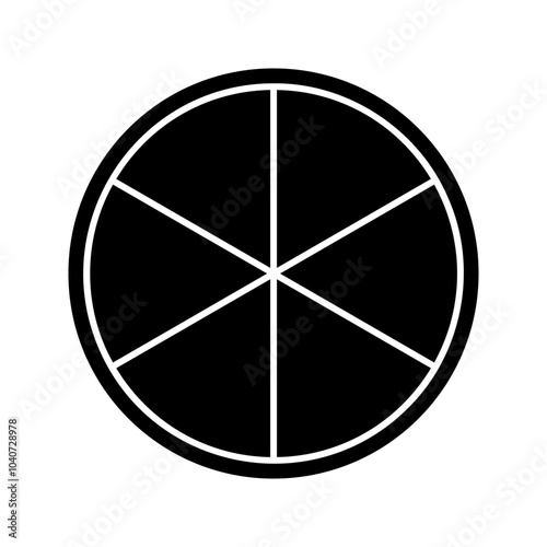 Black circle divided into 6 fractions isolated on white background. Round shape cut in six equal parts. Simple circular diagram, statistic wheel, business chart. Vector graphic illustration.