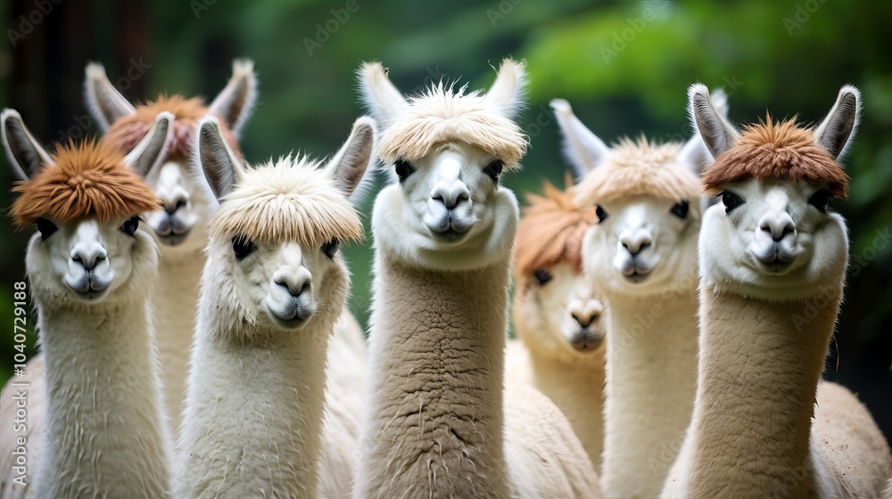 Obraz premium A group of playful llamas with unique hairstyles gathered in a lush green landscape