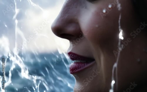 Close-up shot of a woman's face in the rain. Water droplets fall on her skin, highlighting her features and creating a sense of intimacy and vulnerability.
