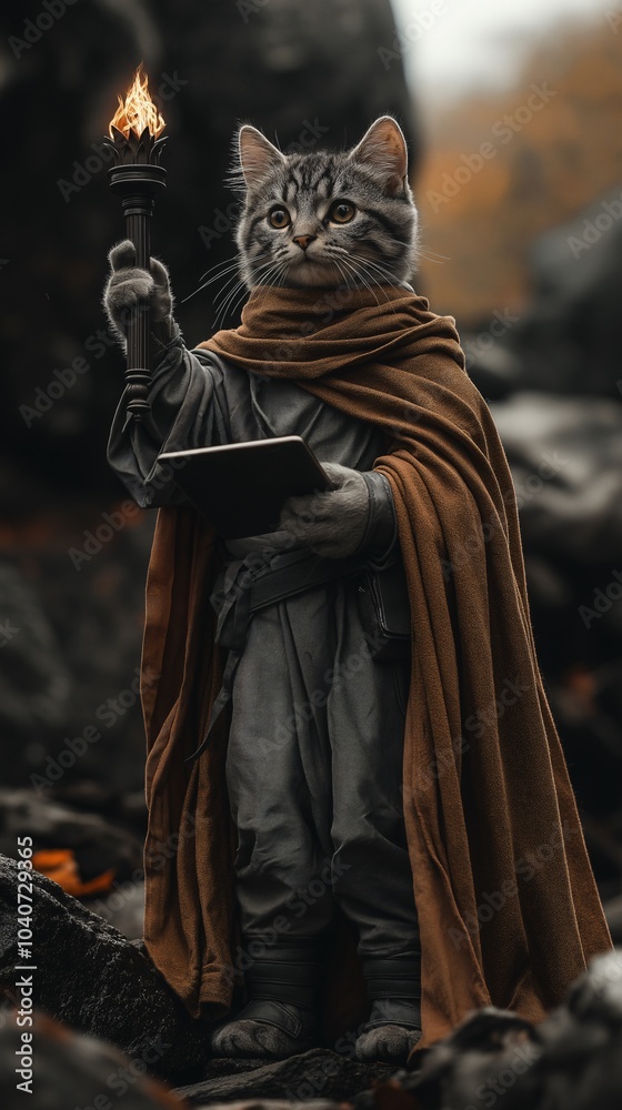 A wise cat in a cloak holds a torch and a book, standing among rocky terrain in a mystical forest A wise cat in a cloak holds a torch and a book, standing among rocky terrain in a mystical forest