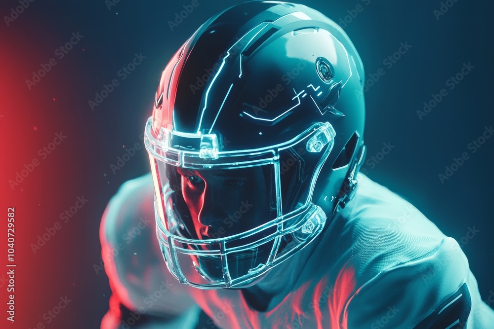 Dynamic football player in a futuristic helmet showcasing intensity on the field during a vibrant night game Dynamic football player in a futuristic helmet showcasing intensity on the field during a vibrant night game