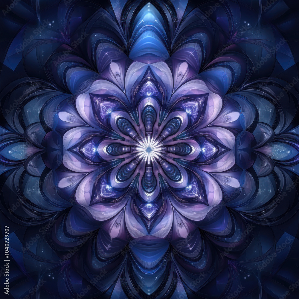 Intricate fractal mandala in deep blues and purples with a glowing center, featuring soft light reflections and detailed patterns. Copy space