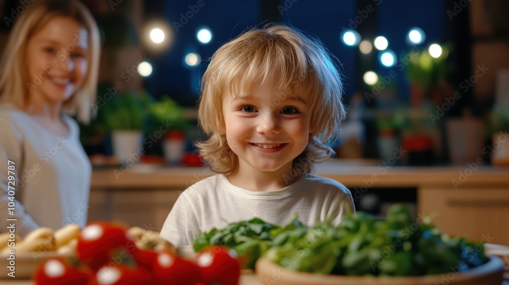 Smiling child in a cozy kitchen surrounded by fresh vegetables, AI Smiling child in a cozy kitchen surrounded by fresh vegetables, AI