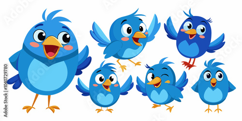 A collection of cute blue cartoon birds displaying various emotions and expressions.