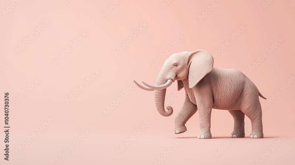 A playful young elephant walks gracefully against a soft pink background in a whimsical setting