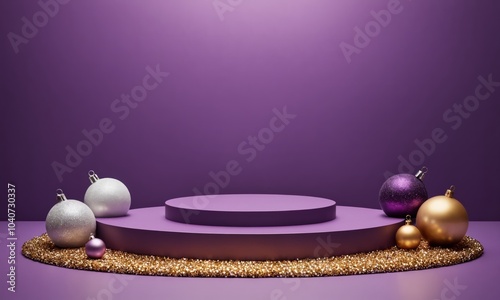 Christmas or New Year empty product podium for product placement. Decorated with xmas trees, baubles and artificial snow. Minimalistic purple background. Perfect for super saturday sale announcement. photo