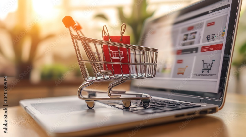 Shopping Cart on Laptop, Online Shopping Concept Shopping Cart on Laptop, Online Shopping Concept
