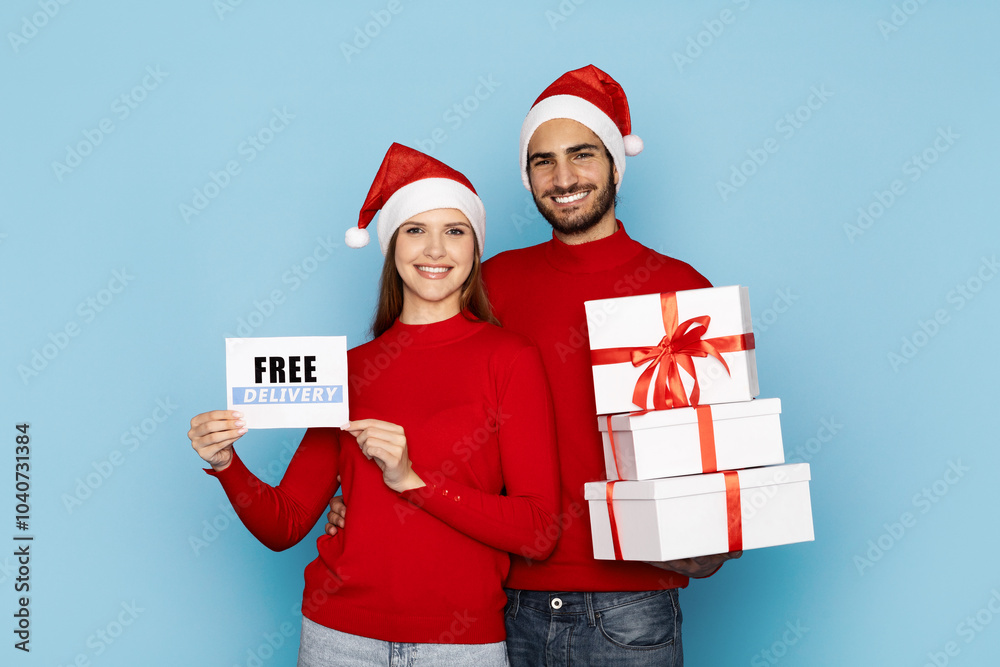 A cheerful couple dressed in red holiday sweaters and Santa hats poses against a blue background, holding a sign that says Free Delivery while surrounded by beautifully wrapped gifts. A cheerful couple dressed in red holiday sweaters and Santa hats poses against a blue background, holding a sign that says Free Delivery while surrounded by beautifully wrapped gifts.