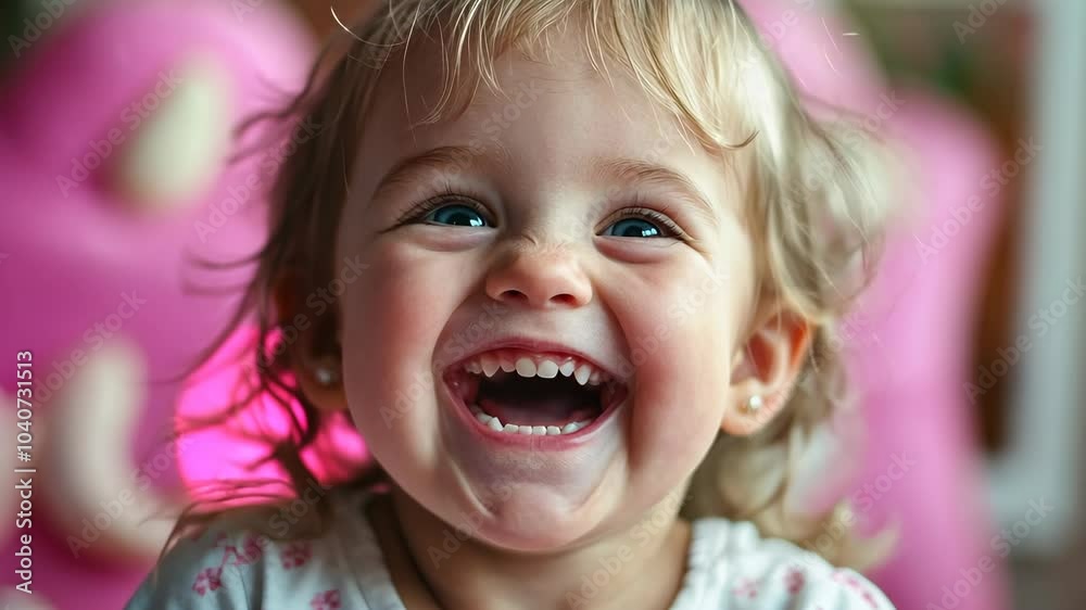 A little girl with blonde hair laughs with her mouth wide open, showing her teeth A little girl with blonde hair laughs with her mouth wide open, showing her teeth