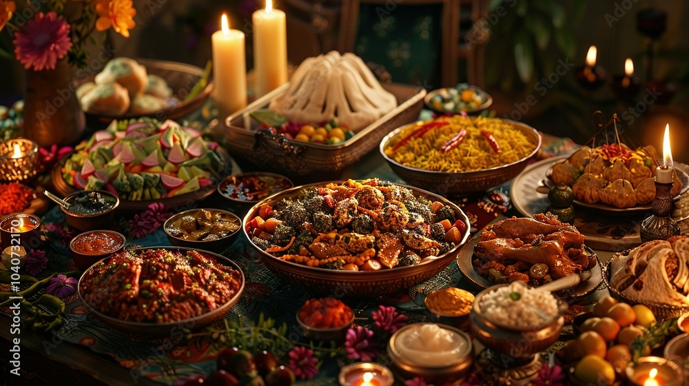 A Festive Table Spread with a Variety of Indian Dishes and Decor A Festive Table Spread with a Variety of Indian Dishes and Decor