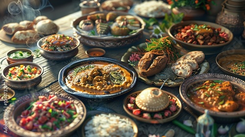 A Feast of Middle Eastern Dishes Served on a Rustic Wooden Table