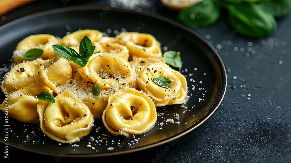 Delicious tortellini with fresh herbs and parmesan on dark plate. Dark plate with italian foods. Ultra realistic. Photorealistic Delicious tortellini with fresh herbs and parmesan on dark plate. Dark plate with italian foods. Ultra realistic. Photorealistic
