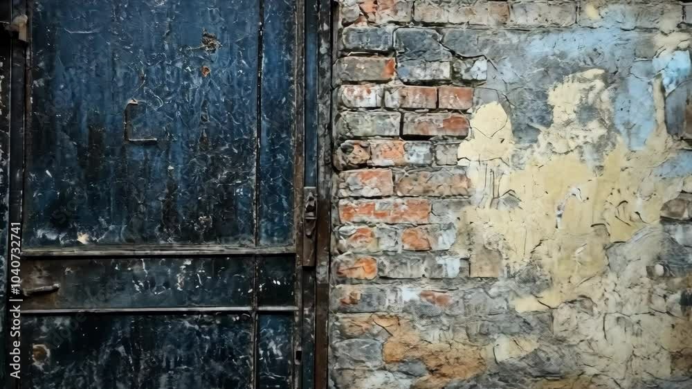 A weathered blue door is situated next to an old brick wall with peeling paint A weathered blue door is situated next to an old brick wall with peeling paint