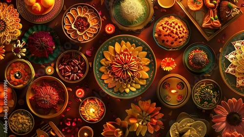 An overhead arrangement of various Indian sweets, flowers, and candles on a brown surface