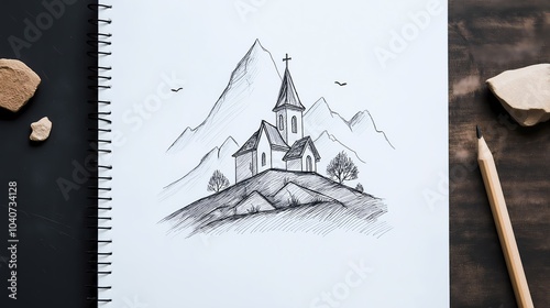Pencil sketch of a serene mountain village with a church, showcasing nature's beauty and tranquility in a creative workspace