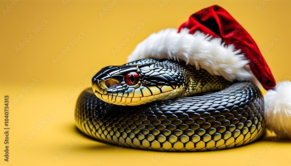 Fototapeta premium christmas snake with santa hat on vibrant yellow background