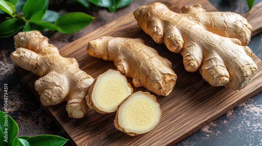 Fresh ginger roots on a wooden cutting board, sliced. Fresh ginger roots on a wooden cutting board, sliced.