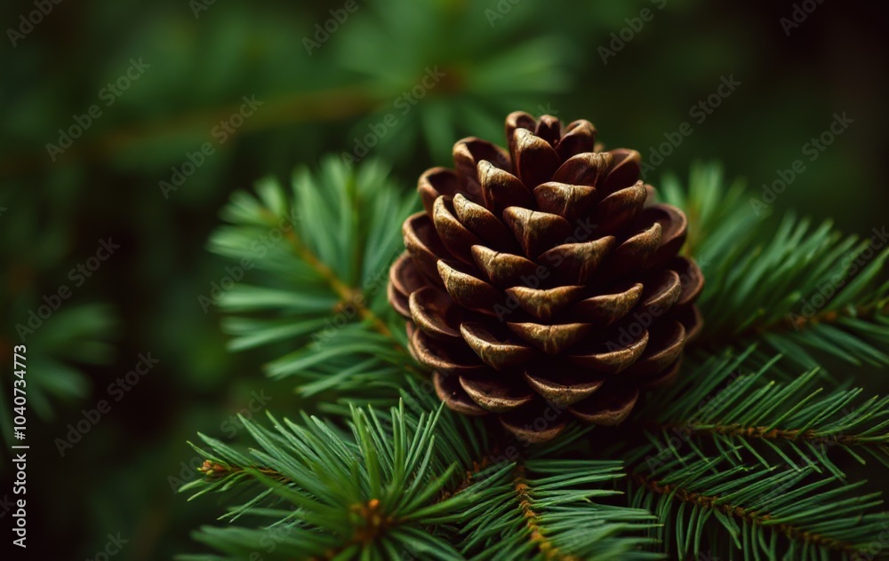 Pinecone nestled in vibrant green pine branches Pinecone nestled in vibrant green pine branches