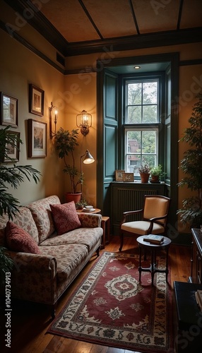 Aerial view of a split-room setting with a quiet reading nook and a lively social gathering space