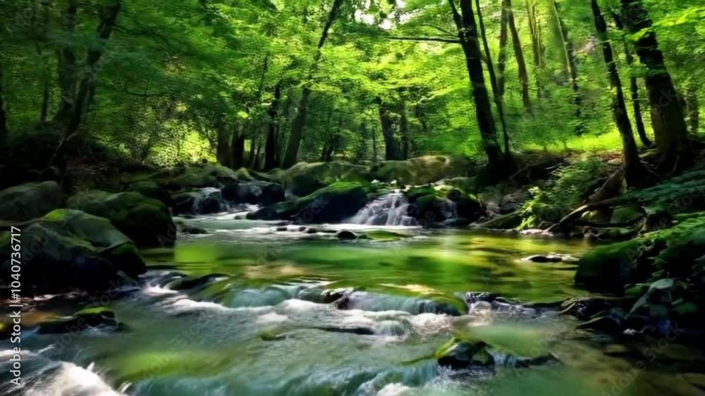 Tranquil Stream Flowing Through Lush Forest Captured in Wide-Angle Shot for Nature-Themed Video Trailer Tranquil Stream Flowing Through Lush Forest Captured in Wide-Angle Shot for Nature-Themed Video Trailer