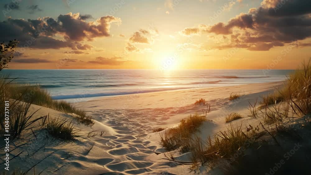 A path leads through the sand dunes to the beach during a beautiful sunset