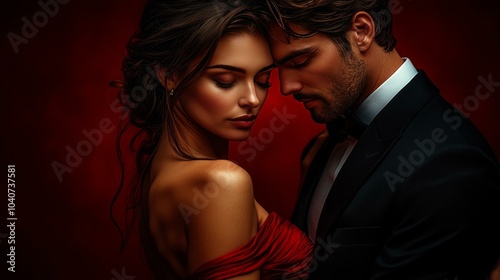  Elegant tango dance couple embracing with passion on dramatic red background