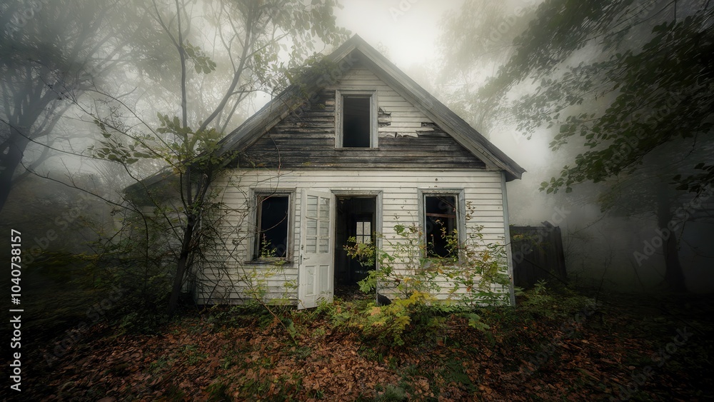 Obraz premium Abandoned house being reclaimed by nature on a foggy day