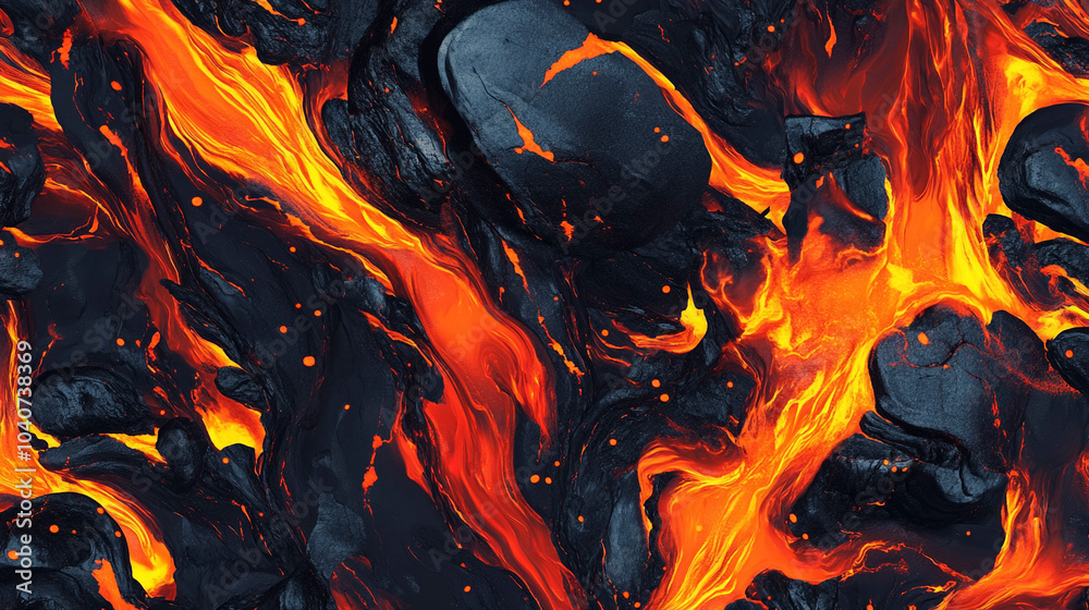 Molten Lava Flow with Fiery Orange Cracks in Dark Volcanic Rock Molten Lava Flow with Fiery Orange Cracks in Dark Volcanic Rock