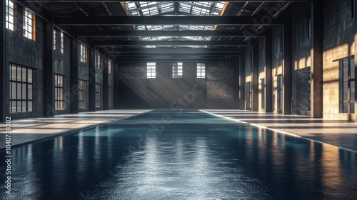 Wallpaper Mural Futuristic industrial space with dark steel beams, a smooth concrete floor, and a shimmering reflective pool under dramatic overhead lighting Torontodigital.ca