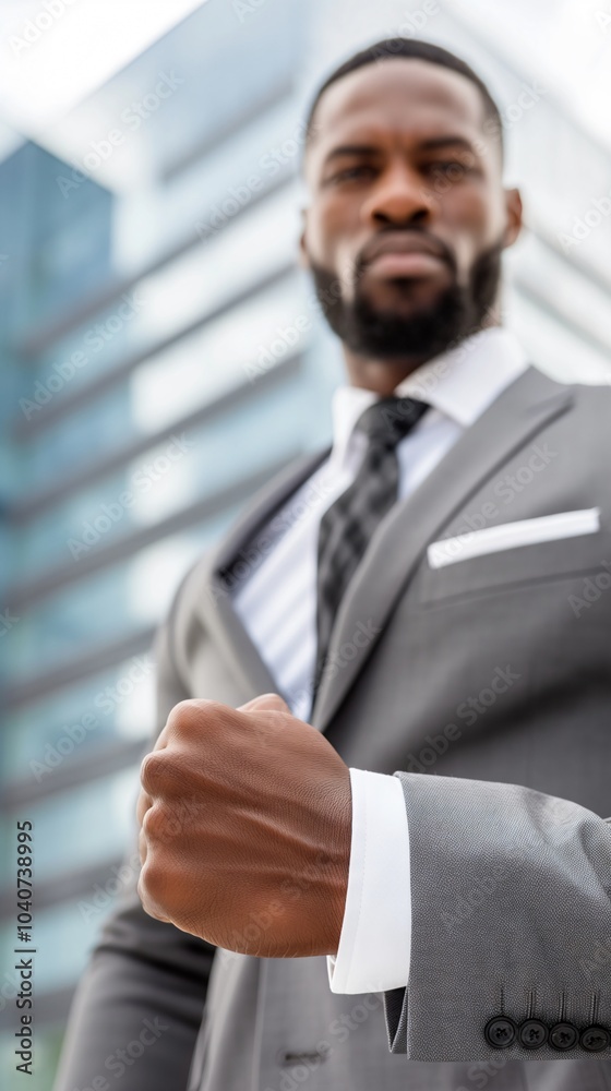Confident business professional in a suit standing with a clenched fist against a modern office backdrop during the day Confident business professional in a suit standing with a clenched fist against a modern office backdrop during the day