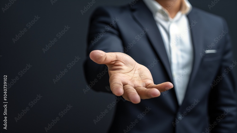 Professional man extending hand in greeting or negotiation during business meeting against a dark background Professional man extending hand in greeting or negotiation during business meeting against a dark background