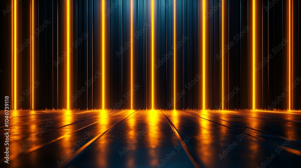 Fototapeta premium Futuristic stage bathed in golden light, sleek metallic lines, glowing neon edges tracing surfaces, ultra-minimalistic design, high-tech ambiance, photorealistic, cinematic lighting