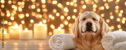 A relaxed dog lies with towels, surrounded by glowing candles and soft lights, creating a tranquil and cozy atmosphere.