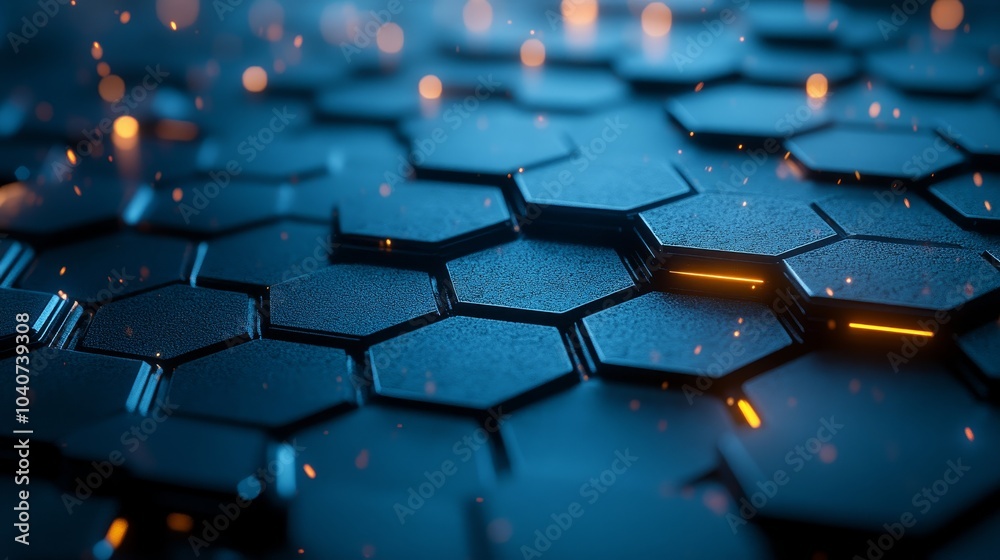 Futuristic tessellation of hexagonal shapes, glowing edges, sleek metallic surfaces, with a cool blue and silver color palette Futuristic tessellation of hexagonal shapes, glowing edges, sleek metallic surfaces, with a cool blue and silver color palette
