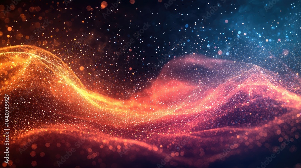 Abstract wave of orange and blue glowing particles on dark background. Abstract wave of orange and blue glowing particles on dark background.