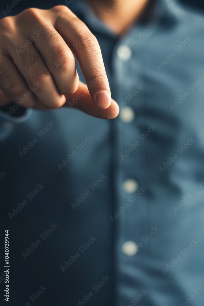 Obraz premium A person demonstrating a gesture with their fingers while wearing a blue shirt in a softly lit environment during the evening