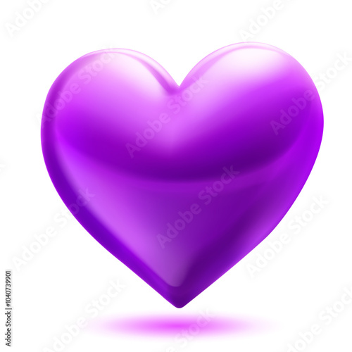 Large beautiful purple heart with glares and soft shadow, isolated on white background