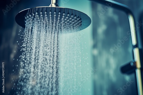 Luxurious shower head emitting a cascade of water in a modern bathroom setting photo