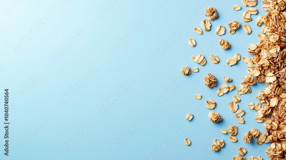 A vibrant granola mix with clusters of oats and honey, scattered delicately on a white surface, sharp focus, minimalist advertising appeal A vibrant granola mix with clusters of oats and honey, scattered delicately on a white surface, sharp focus, minimalist advertising appeal