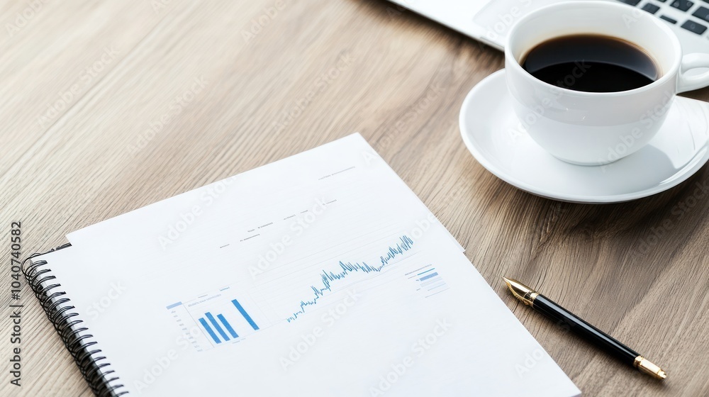 modern business desk setup with coffee and analytics report modern business desk setup with coffee and analytics report