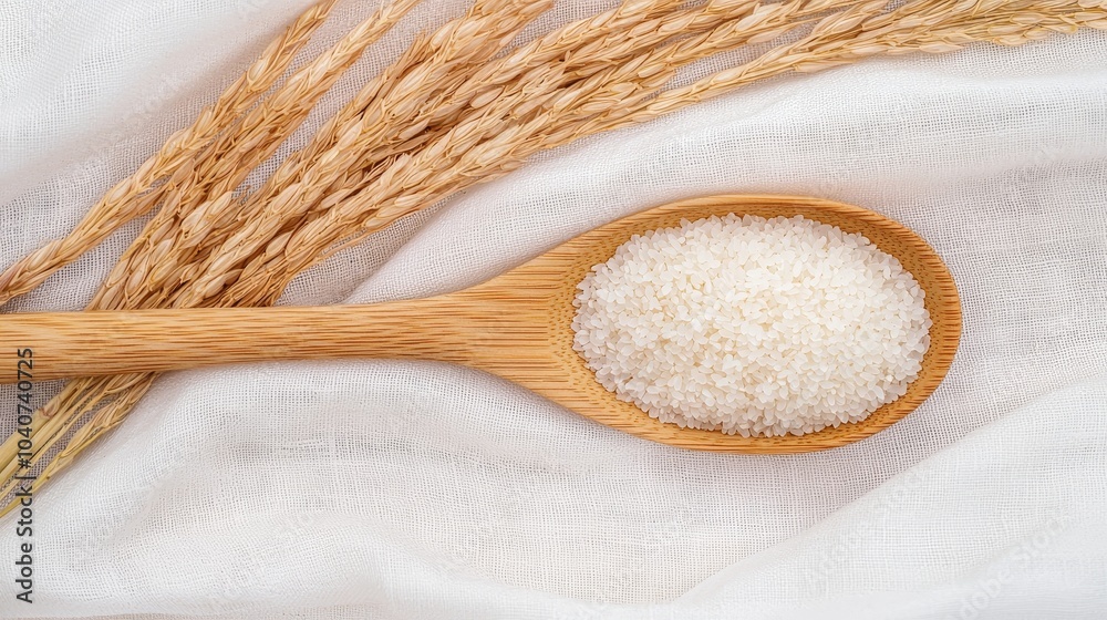 A wooden spoon filled with jasmine rice, placed on a textured linen cloth with natural lighting, highlighting the simplicity and beauty of the grains A wooden spoon filled with jasmine rice, placed on a textured linen cloth with natural lighting, highlighting the simplicity and beauty of the grains
