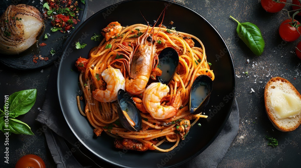 Exquisite gourmet seafood pasta on elegant dark plate. Dark plate with italian foods. Ultra realistic. Photorealistic Exquisite gourmet seafood pasta on elegant dark plate. Dark plate with italian foods. Ultra realistic. Photorealistic