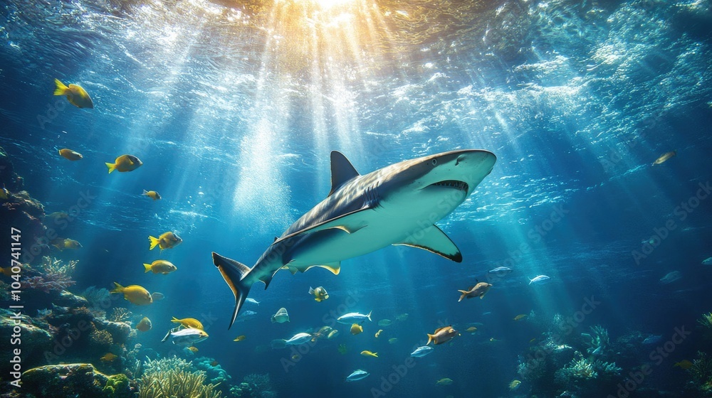 Fototapeta premium Majestic Shark Swimming in Vibrant Coral Reef