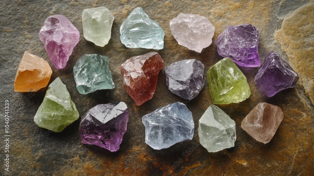 Colorful Natural Gemstone Collection on Stone Surface Colorful Natural Gemstone Collection on Stone Surface