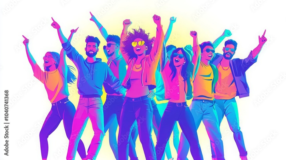 Extrovert Energetic A group of friends dancing at a concert, extroverted joy, flat illustration, neon tones, isolated on white background Extrovert Energetic A group of friends dancing at a concert, extroverted joy, flat illustration, neon tones, isolated on white background