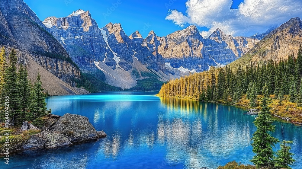 Obraz premium Serene Mountain Lake with Lush Green Forest
