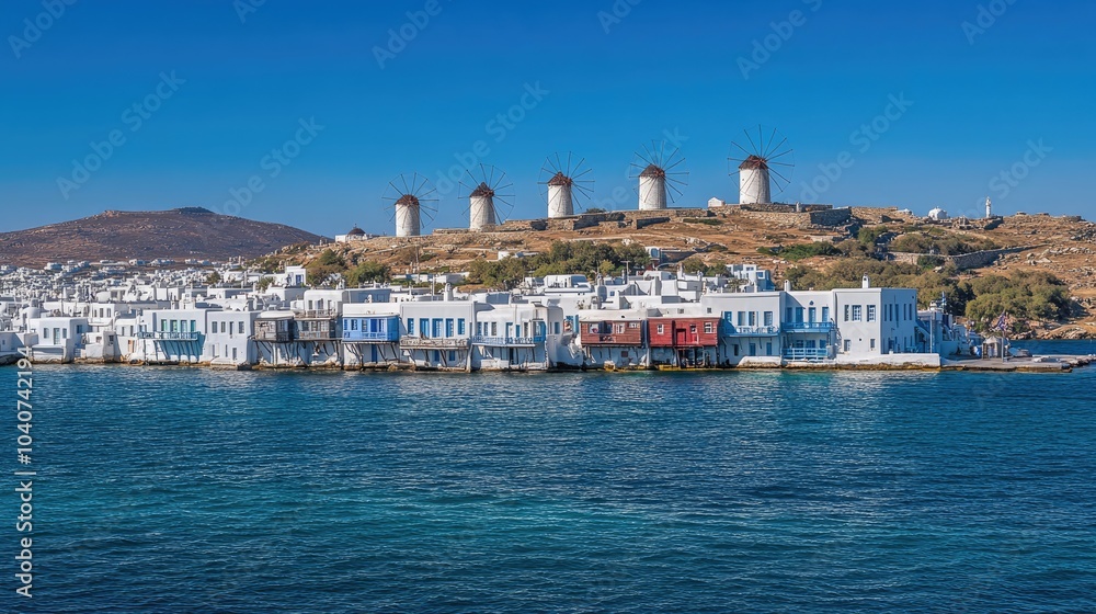 Scenic View of Traditional Greek Windmills and Houses Scenic View of Traditional Greek Windmills and Houses