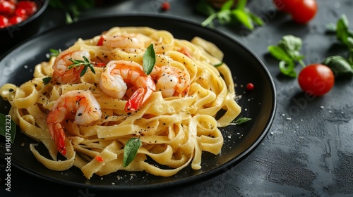 Fettuccine with shrimp on a dark plate. Dark plate with italian foods. Ultra realistic. Photorealistic