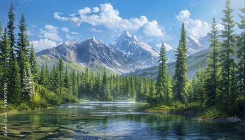 Scenic Mountain Lake with Pine Trees and Clear Sky 