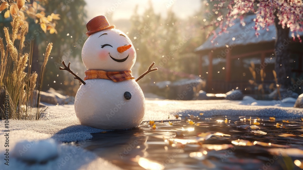 Obraz premium snowman with smiling face in the park.